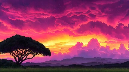 Wall Mural - Dramatic Watercolor Portrayal of a Stormy Tropical Sunset with Vibrant Clouds and Vivid Colors over Rolling Hills and a Lone Tree Silhouette