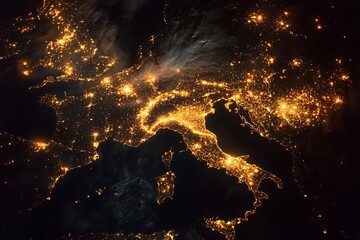 Aufkleber - A breathtaking view of European cities lit up at night as seen from space, showcasing the vibrant lights and bustling life of the continent glowing in the darkness.
