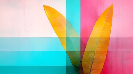 Poster - Vibrant Watercolor Illustration of Tropical Leaves with Bold Color Blocks, Perfect for Artistic and Modern Design Projects, Evoking a Fresh and Playful Vibe