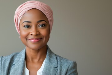 This studio portrait of a happy cancer patient features a pink background.