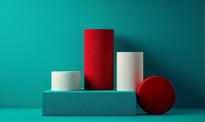 Poster - A minimalist display podium with colorful abstract steps.