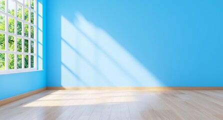 Poster - A vacant room corner illuminated by light and shadows from a window, featuring blue walls and a wooden floor. This mockup interior showcases a living room, studio, apartment, or office in a modern,