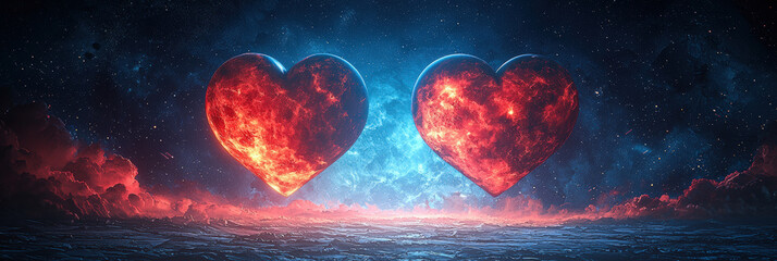 Wall Mural - Two glowing hearts in cosmic landscape symbolize love and connection, surrounded by vibrant colors and starry sky, evoking sense of wonder and emotion