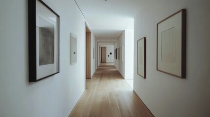 Poster - Elegant Minimalist Corridor in a Contemporary Art Gallery with Framed Artwork on the Walls and Soft Natural Light Illuminating the Space