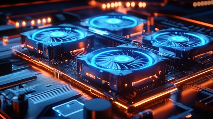 Poster - Close-Up View of a Futuristic Computer Graphics Card with Bright Blue LED Fans on a Circuit Board Showcasing Advanced Technology and Modern Design