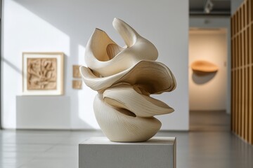 Aufkleber - An abstract wooden sculpture, characterized by fluid lines, sits elegantly in a modern gallery space, highlighting creativity and the beauty of contemporary art.