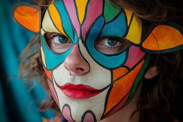 Aufkleber - This image features a close-up of a vibrant face decorated with colorful geometric face paint, combining elements of creativity and vivid artistry.