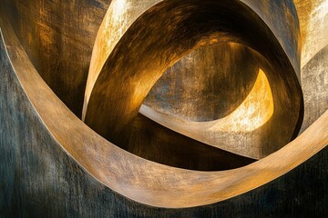 Aufkleber - An intricate abstract sculpture featuring dynamic, golden flowing curves and complex forms that create an interplay of light and shadow, evoking a sense of movement.