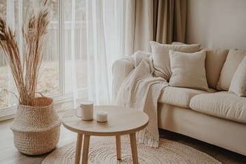 Aufkleber - A cozy living room with a beige sofa, a round wooden table, and dried plants in a basket, illuminated by natural light pouring through sheer curtains.
