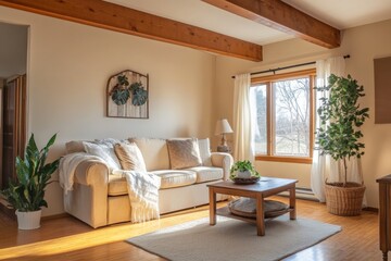 Aufkleber - A sunlit living room featuring exposed beams, simple greenery, and a soft beige sofa, blending natural and modern elements for a cozy atmosphere.