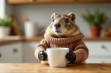 A groundhog wearing a cozy sweater and sitting at a kitchen table, sipping coffee from a mug with a relaxed, thoughtful expression.  Happy groundhog day