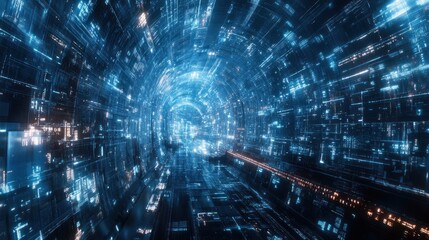 Poster - Abstract Digital Tunnel with Glowing Blue and Orange Lights, High-Tech Background for Futuristic Technology, Data Visualization, and Cybernetic Themes in Motion