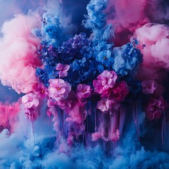 Wall Mural - Dynamic ink clouds blending blue pink tones over dark surface picture