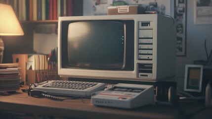 Poster - Nostalgic Vintage Computer Setup on Table Surrounded by Books and Papers in Cozy Home Office Environment Capturing Retro Technology Aesthetics