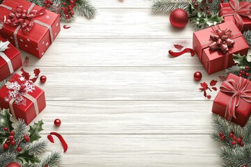 Wall Mural - Christmas background with red gift boxes, snowflakes, holly leaves, and ribbons on a white wood texture with gray wooden surface. Festive decorations with space for text.