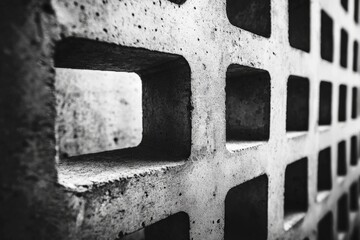 Poster - This image shows a textured concrete wall with square cut-outs, highlighting the geometric design and industrial aesthetics, captured in a monochrome style.