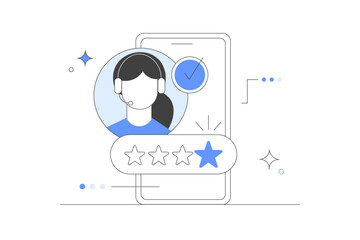Poster - Customer feedback and user experience. Character giving review to customer service operator. Satisfaction rating and filling survey form. Flat Cartoon Vector Illustration, icon. Stylish abstract