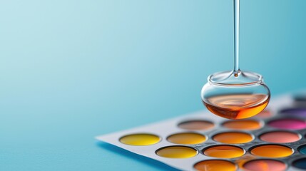 Poster - PH Indicator Concept, Magnified View of Liquid Droplet Changing Color on Colorful Palette Background