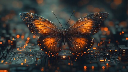 Poster - futuristic digital butterfly soaring through holographic cyber landscape with glowing light trails