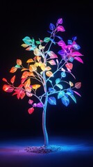 Poster - Colorful LED Tree with Electric Leaves Glowing in Multiple Colors Against a Dark Background, Perfect for Abstract Art and Festive Decor Inspirations