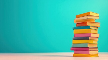Poster - Colorful Stack of Books on Vibrant Turquoise Background with Copy Space