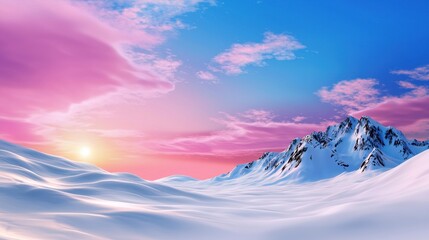 Wall Mural - Breathtaking Snowy Mountain Landscape at Dramatic Sunset with Vibrant Sky and Clouds