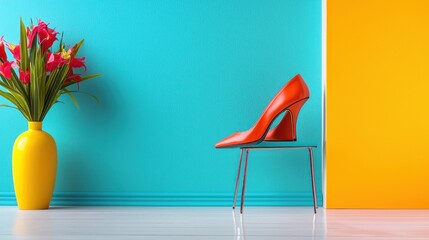 Poster - Vibrant Red High Heels on Chair Against Turquoise and Orange Backdrop