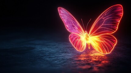 Wall Mural - vibrant neon butterfly glowing against pitch black background