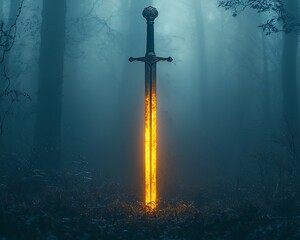 Wall Mural - glowing sword piercing through the misty forest darkness illuminating surroundings