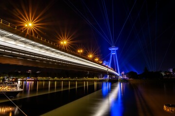 Illuminated UFO Bridge in Bratislava at Night