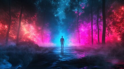Poster - Ethereal Landscape with Silhouette of a Person Surrounded by Vibrant Neon Lights and Mystical Atmosphere in a Dreamlike Forest Pathway