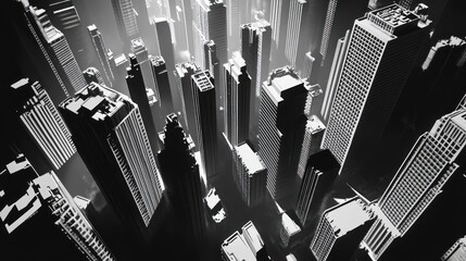 Poster - Abstract Urban Skyline in Black and White, Featuring Tall Buildings and Dramatic Lighting Effects, Showcasing the Modern Architecture of a Cityscape from an Aerial Perspective