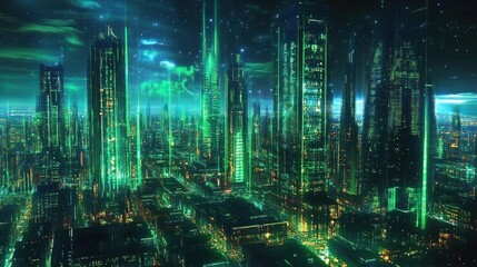 Poster - Futuristic Urban Landscape with Glowing Green Skyscrapers and Neon Lights Under a Starry Sky at Night in a Sci-Fi Inspired City