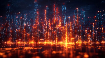 Poster - futuristic skyscraper with glowing communication nodes representing global business network powered 