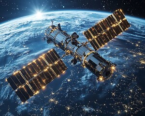 Poster - Futuristic satellite orbiting Earth radiating glowing signals for global communication networks