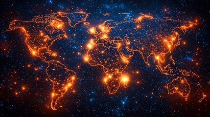 Poster - Glowing Digital World Map Illustrating Global Communication Technology and Data Transfer