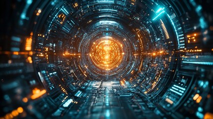 Poster - futuristic communication hub with digital beams of light connecting people across a seamless global 