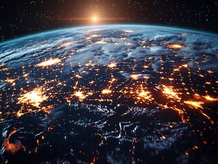Poster - Global Communication Network of Glowing Satellites Orbiting the Earth at Night