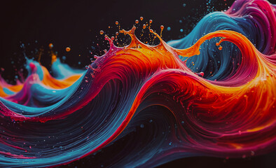 Poster - Vibrant and dynamic wave with splashes of blue and red colors. The splashes are scattered throughout the wave, creating a sense of movement and energy. The colors blend together seamlessly