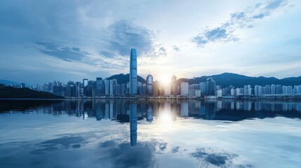 Aufkleber - Urban sunset reflection hong kong cityscape photography waterfront panoramic view serenity and modernity combined