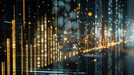 Poster - abstract digital data visualization technology with glowing bars and particles, showcasing analytics