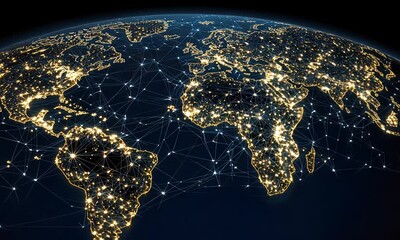Poster - brightly lit cities across the world enhance the visual of global connectivity, reflecting human act
