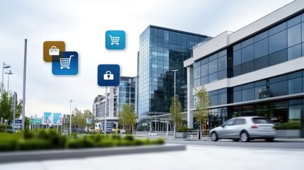 Poster - Innovative shopping experience urban city center infographic modern architecture street view technology insights