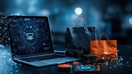 Poster - Digital shopping experience online market infographic tech environment close-up view threats and solutions visualization