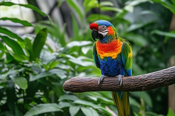 colorful parrot on branch in lush greenery