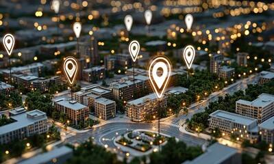 Poster - The vibrant cityscape illuminated at night showcases digital mapping markers highlighting key urban locations and features