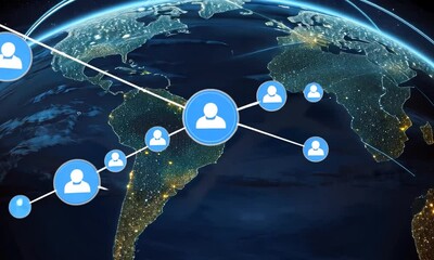 Poster - digital representation illustrates global connectivity with lines linking various countries, highlig