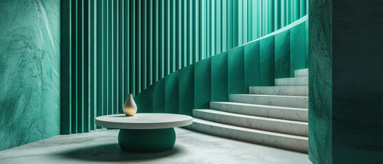 Poster - modern interior featuring green abstract design with stairs and round table. soothing color palette creates tranquil atmosphere