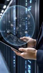 Poster - Holding a tablet, an individual analyzes data in a high-tech server room filled with illuminated servers and digital graphics