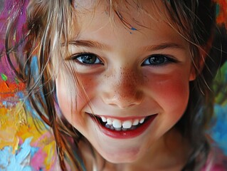 Wall Mural - Young girl with blue eyes and a smile on her face. She is wearing a pink shirt